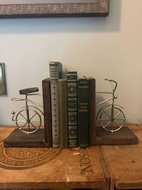Metal Bicycle Bookends with Wood Bases - Gold & Dark Brown